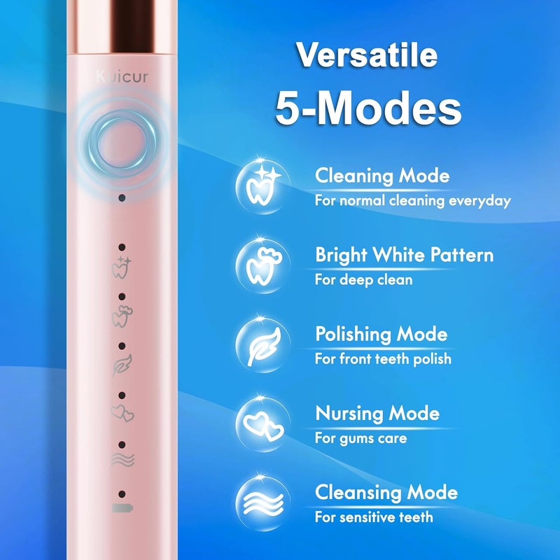 Kuicur Sonic Electric Toothbrush for Adults & Kids, Rechargeable Electric Toothbrush with 10 Brush Heads & Travel Case, Teeth Whitening, Power Tooth Brush with Holder, Charge for 120 Days - Pink - Image 5